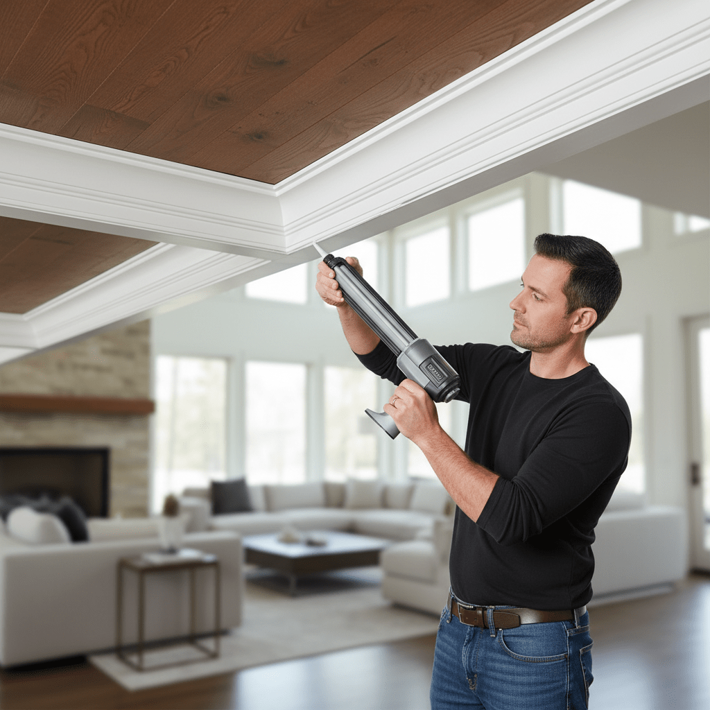 Carpenter precisely applies adhesive to intricate crown molding with a cordless caulking gun.