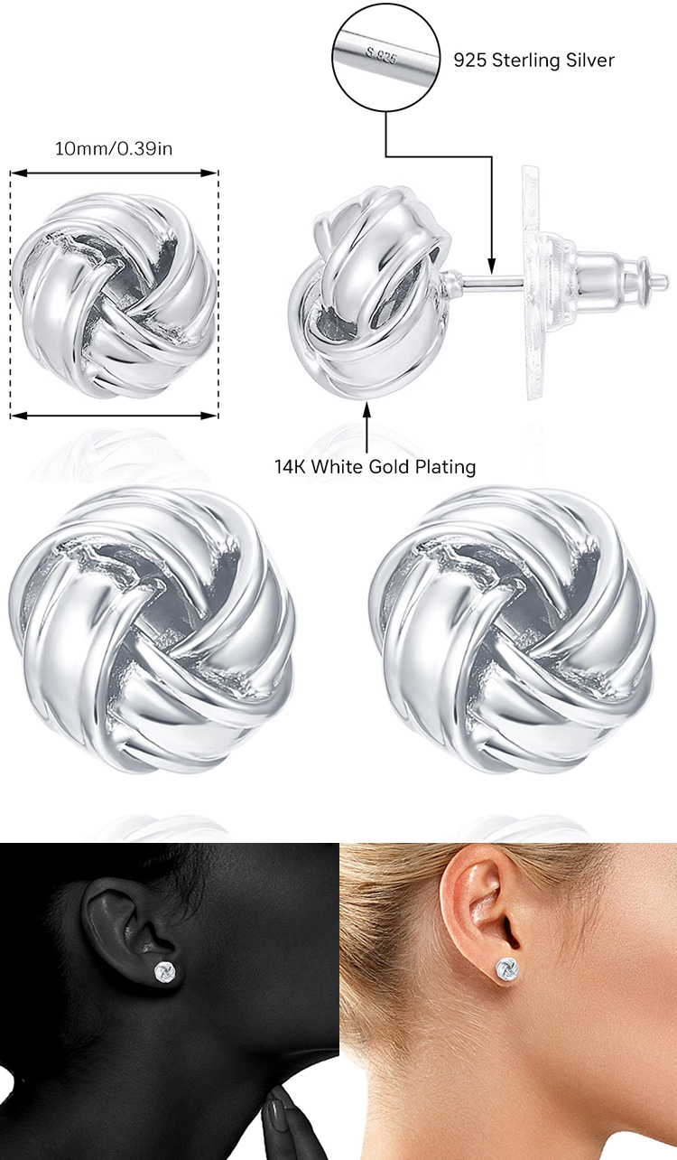 latest fashion women earrings jewelry 14k rose gold plated 925 sterling silver knot stud earrings