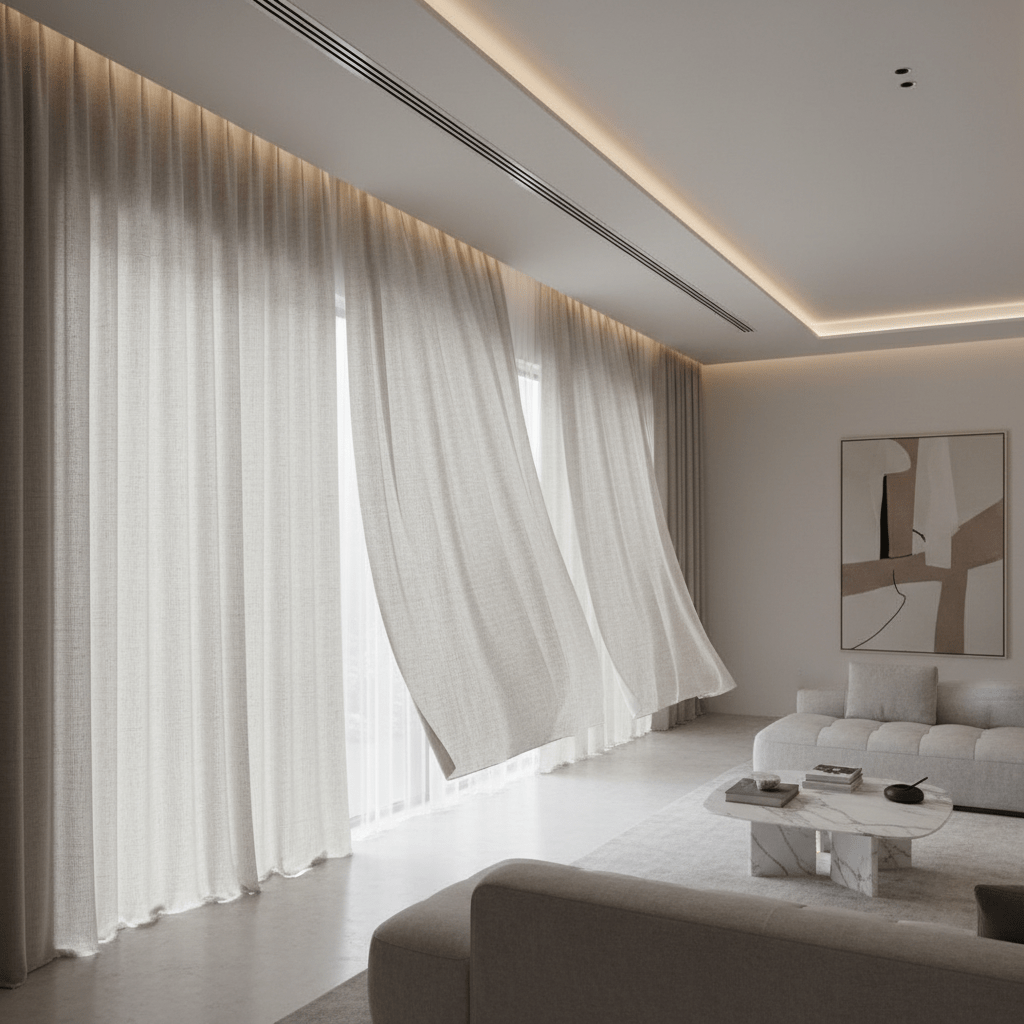 Automatic curtains float from ceiling in a modern, minimalist luxury living room.