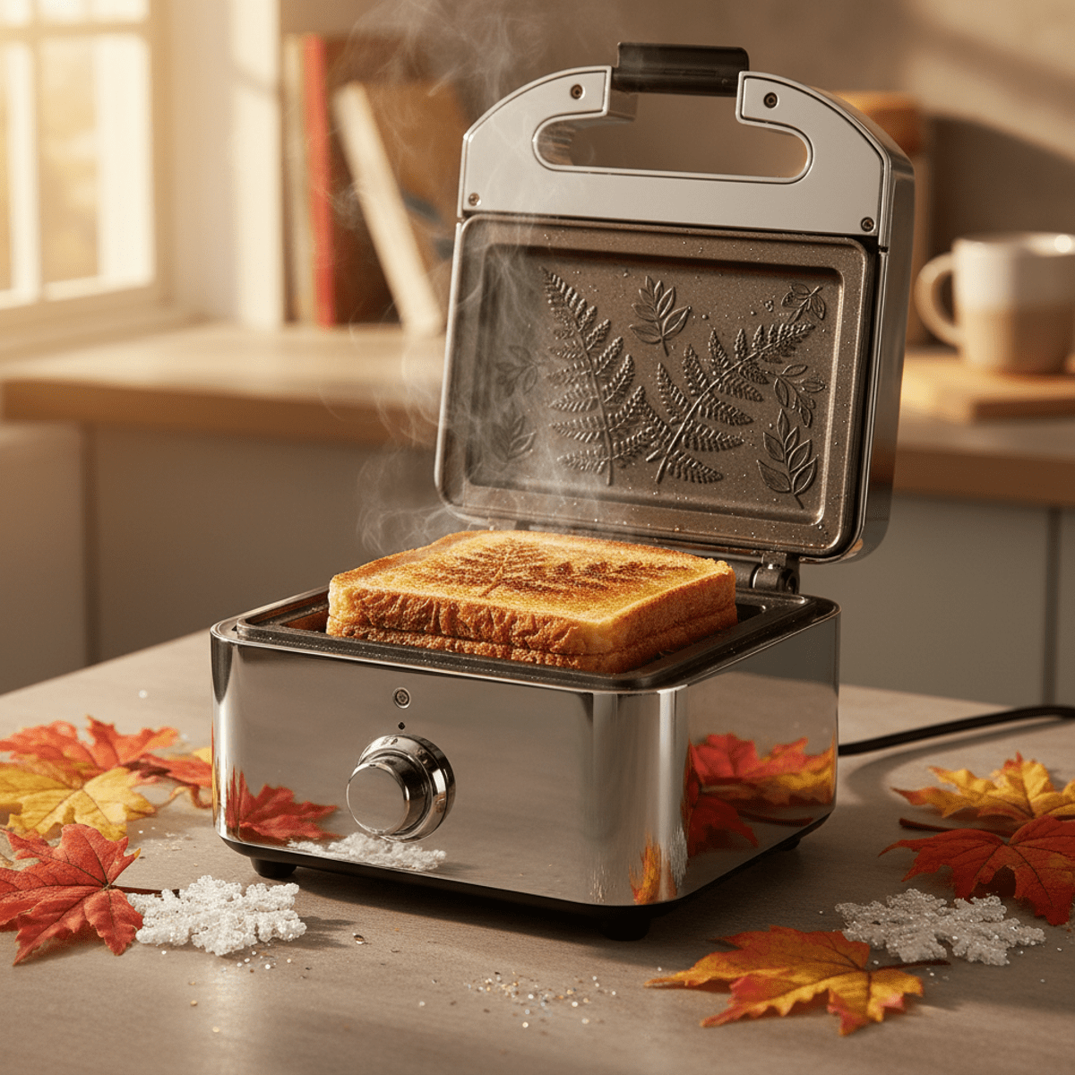 Sandwich toaster with botanical plates imprinting ferns and leaves on toast.