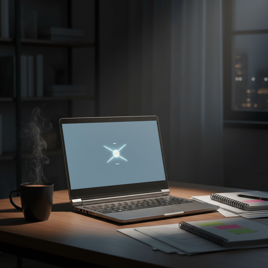 Sleek portable laptop on a student desk with coffee and papers.