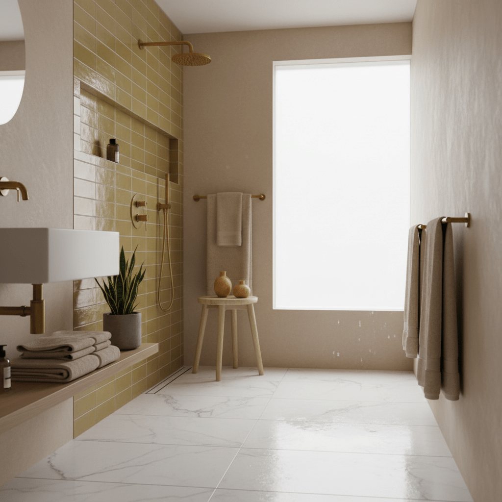 Modern bathroom with marble floors and a shower niche lined with glossy mustard ceramic tiles.