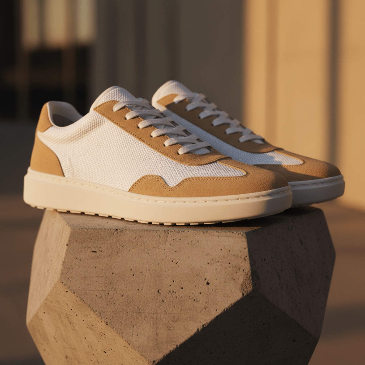 Sustainable low-top sneakers with bio-based fabric and suede on a concrete pedestal.