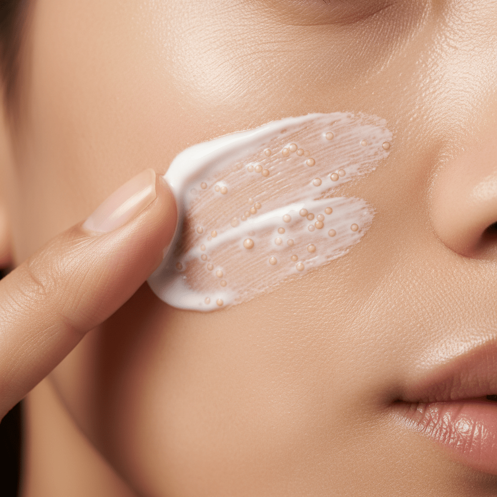 Macro shot of cc cream blending seamlessly into skin, showing pigment spheres.