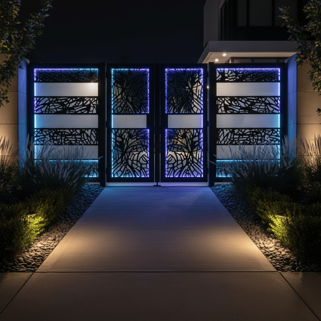 Contemporary main gate at night with matte black metal, laser cuts, and color-changing LEDs.