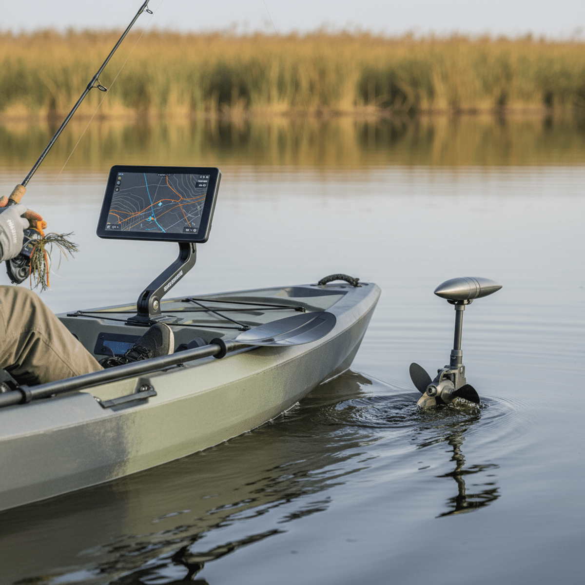 Kayak fishing with digital map and trolling motor Kayak with trolling motor following depth contour on glowing digital map.