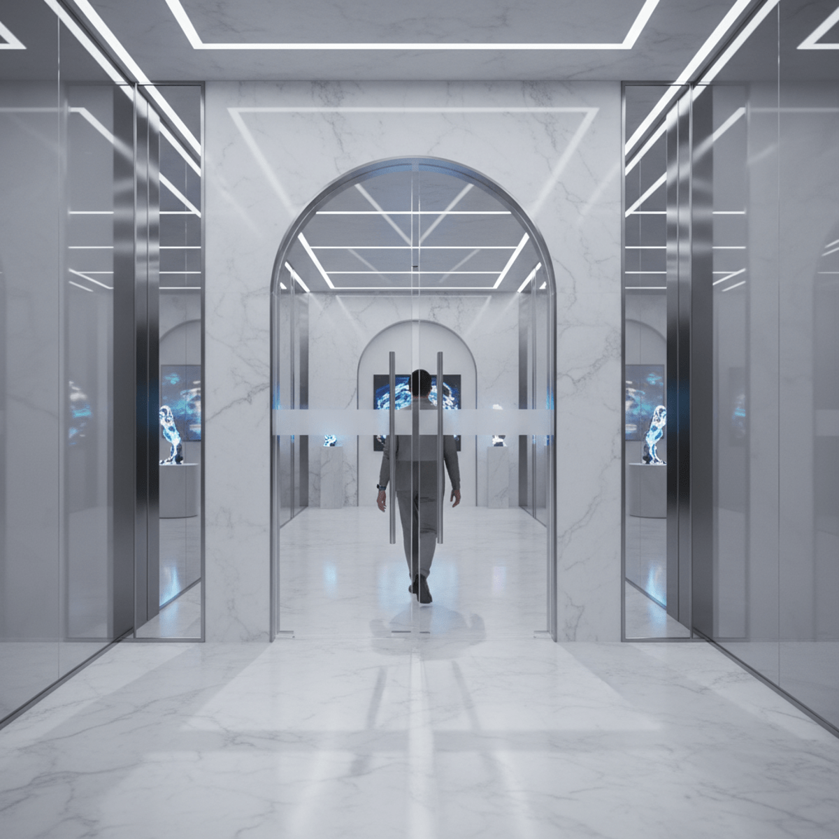 Futuristic art gallery with a seamless, invisible auto-door opening in a white doorway.