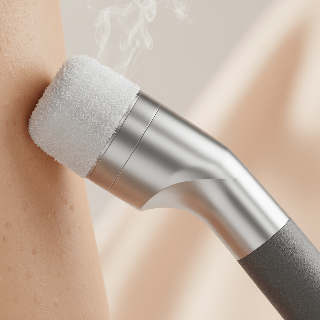 Futuristic cryotherapy wand with aluminum body and graphite grip on smooth skin.