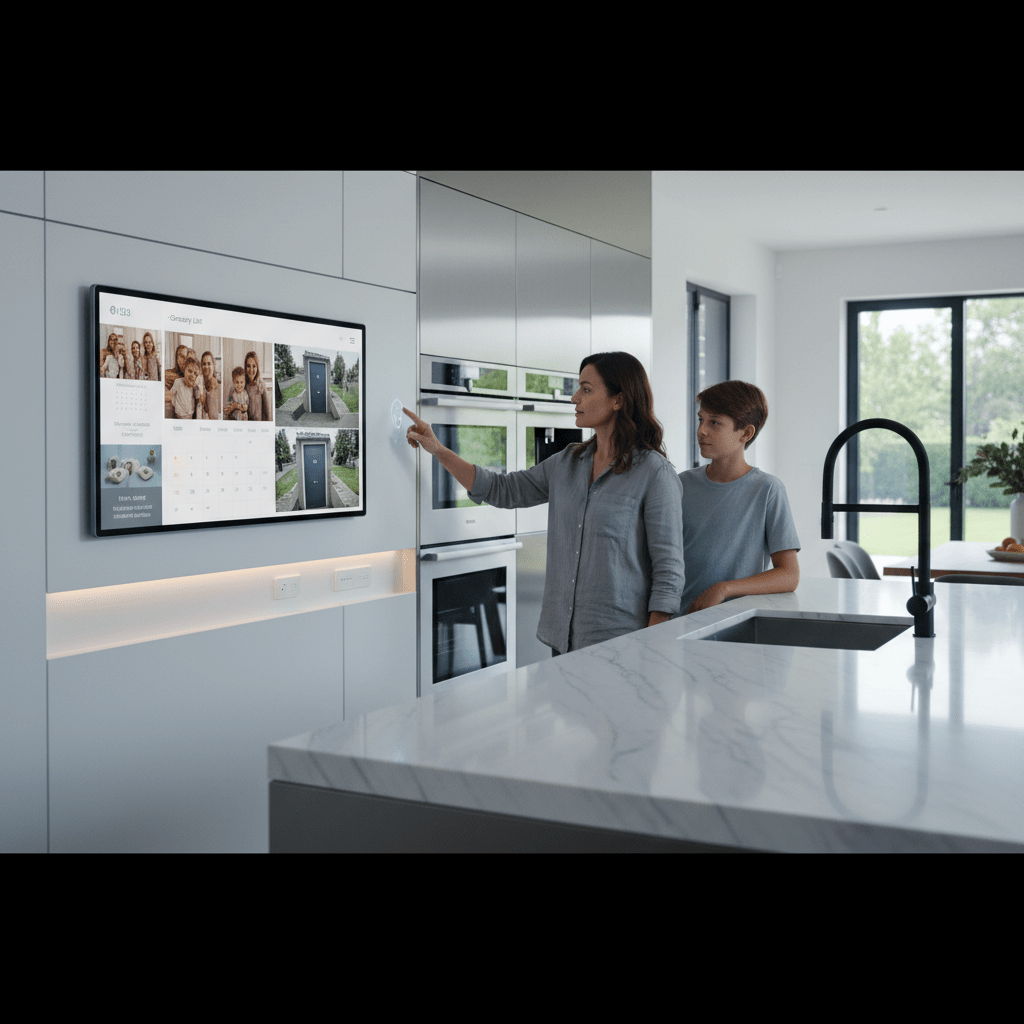 Large tablet wall-mounted in a modern kitchen, showing family photos and schedules.