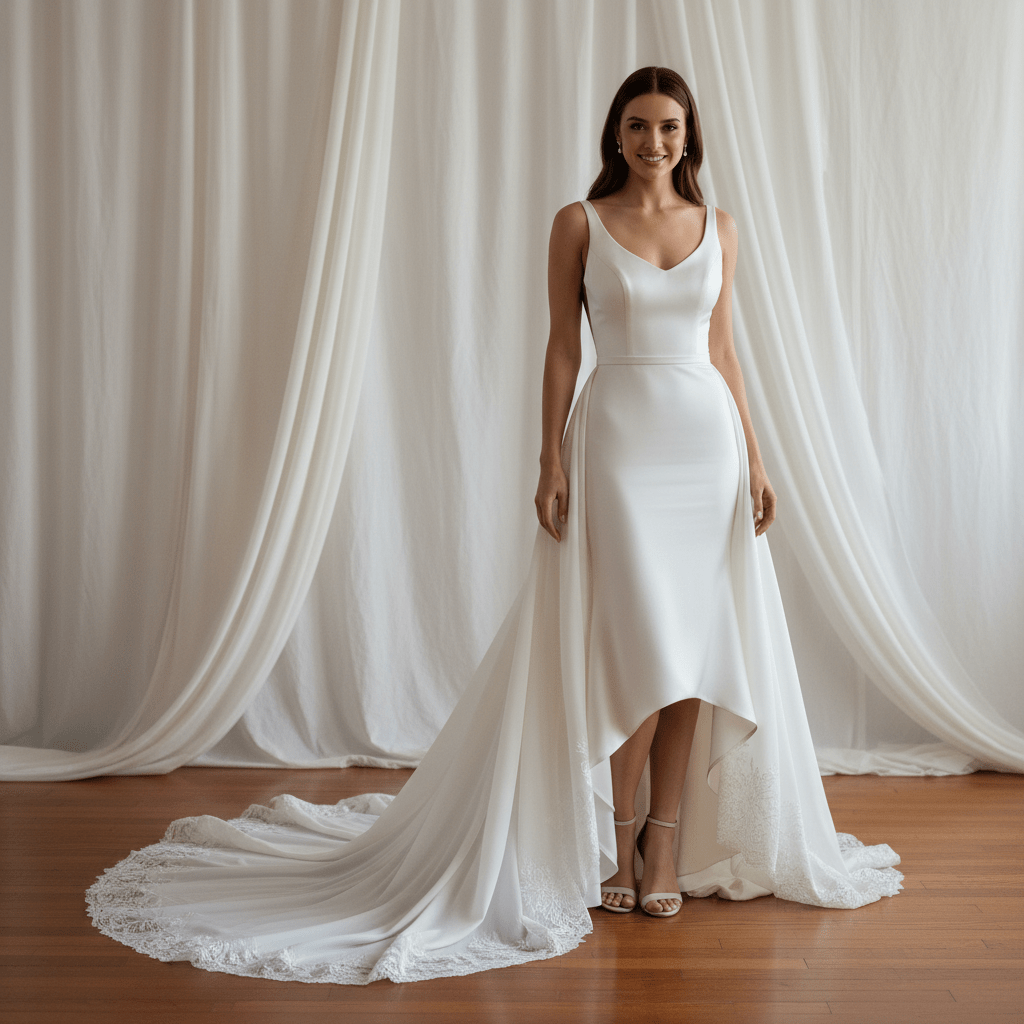 Sleek satin wedding dress with dramatic flowing organza overskirt, studio lighting.