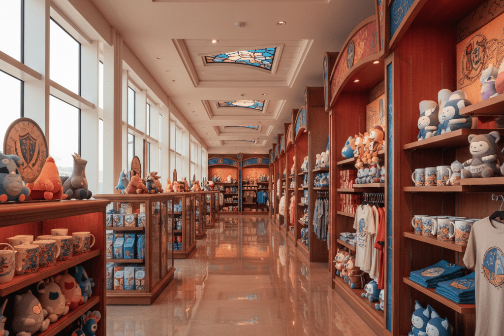 Wide shot of themed cruise ship retail area with character-inspired merchandise under natural lighting