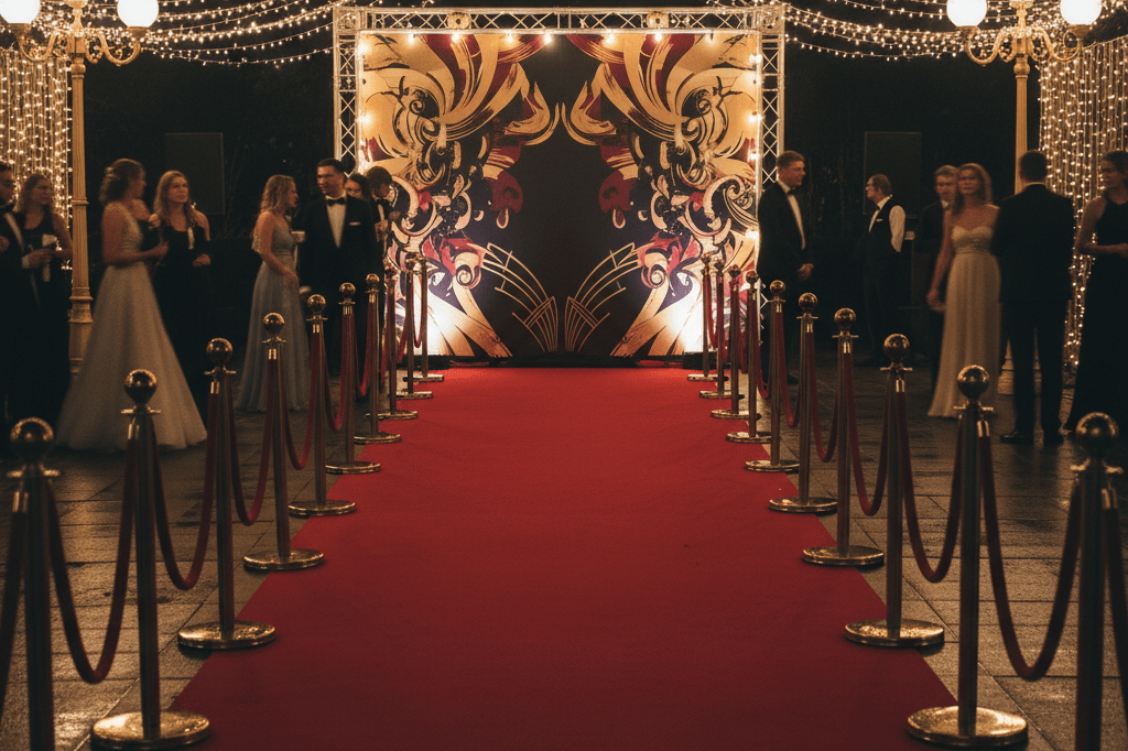 Wide shot of a red carpet entrance with abstract backdrop under warm ambient lighting, highlighting strategic branding moments