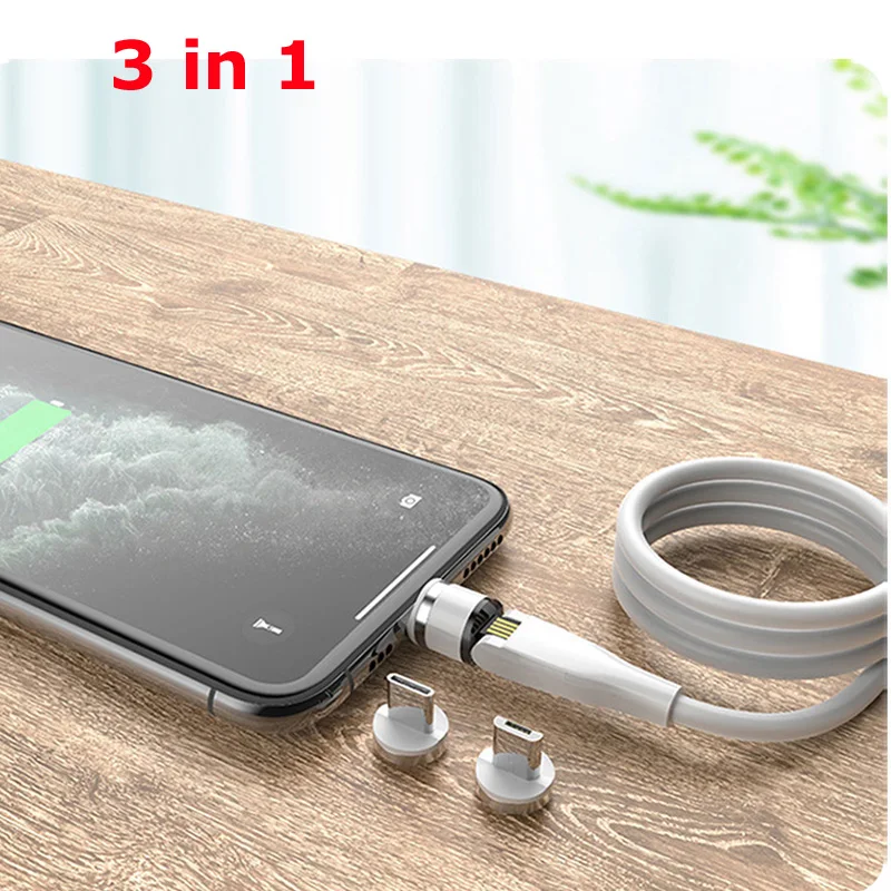 3A Fast Charging Magnetic USB Cable 3 in 1 Nylon Braided 540 Degree Rotate Quick Magnetic Micro Type-c Charger For iPhone