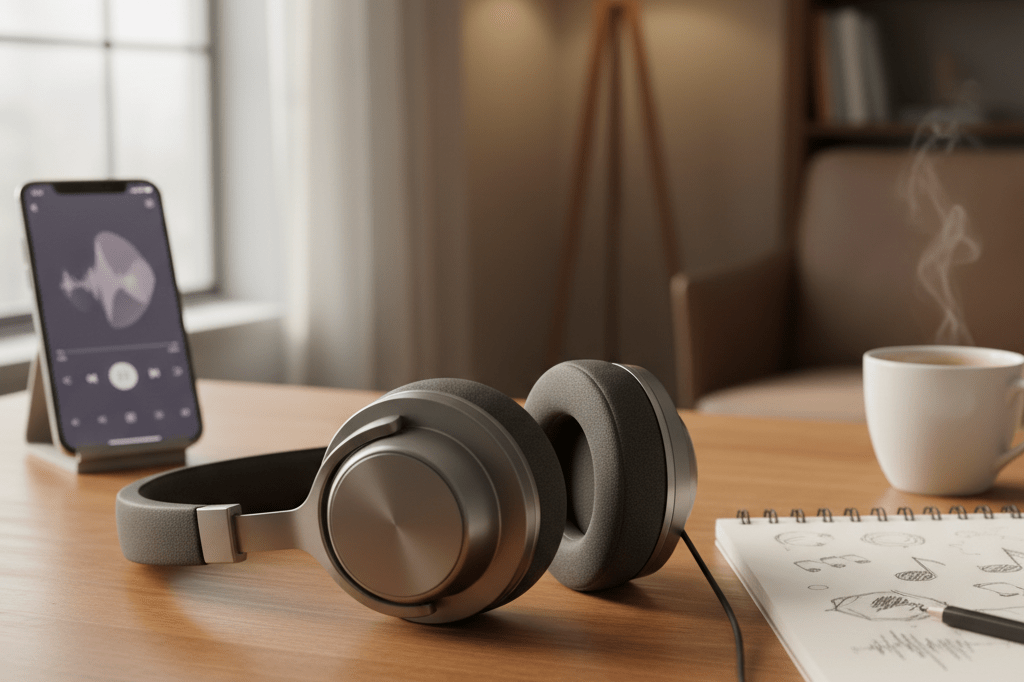 Over-ear headphones on wooden table with subtle audio-related accessories under natural light, highlighting premium audio lifestyle