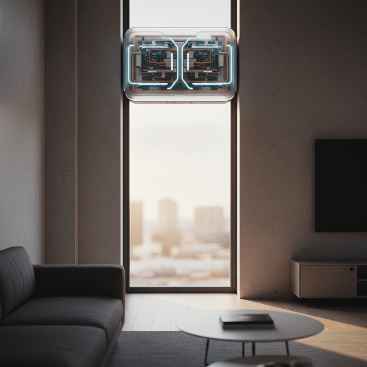 Modern industrial-chic vertical window air conditioner with frosted transparent casing.