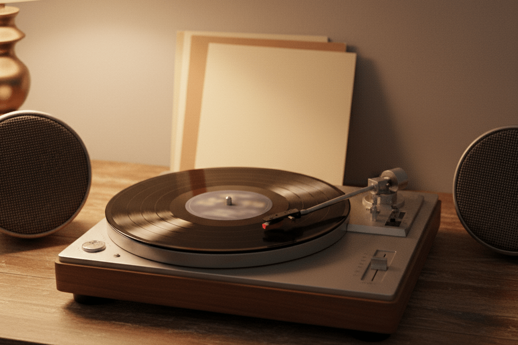 Close-up of a vintage record player and vinyl records bathed in ambient light, evoking nostalgic connections to classic hits