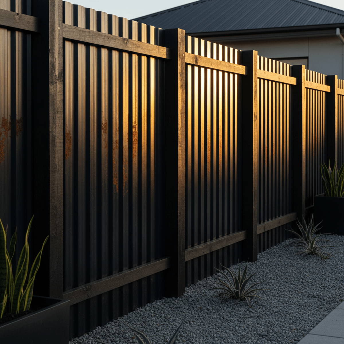 Contemporary home exterior with black Corten-style corrugated metal fencing and wooden posts.