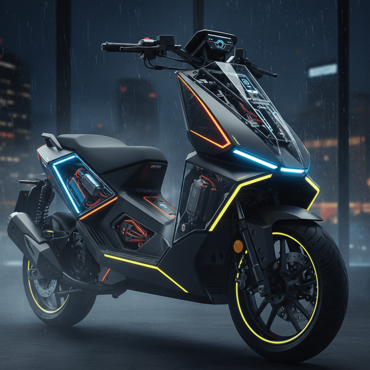 Sharp, angular futuristic scooter with neon accents cutting through misty night.