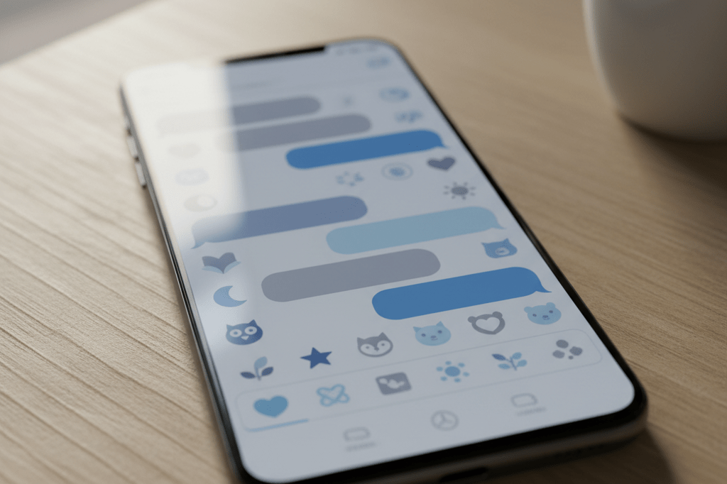 A smartphone screen featuring abstract emoji symbols under blended natural and ambient lighting, symbolizing advancements in digital expression