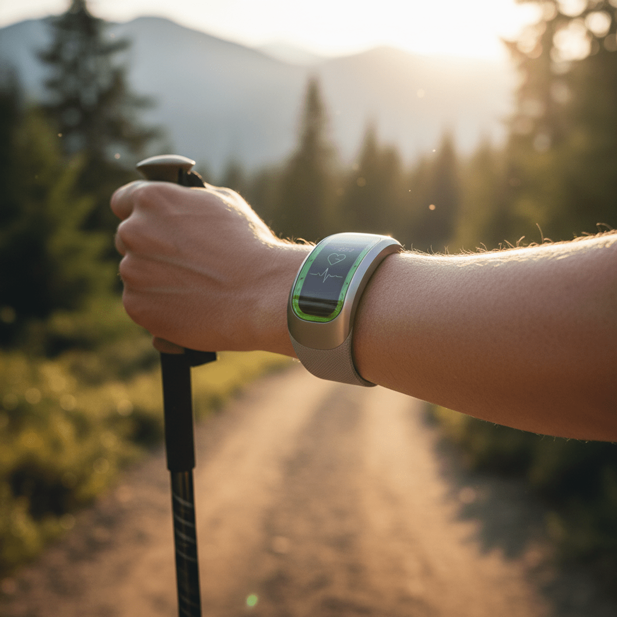 Sleek futuristic heart monitor fitness band worn by an athlete during a trail run.