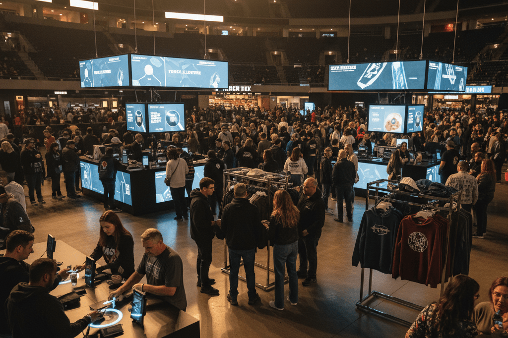 Wide-angle view of lively arena concourse showcasing interactive kiosks, digital displays, and engaged attendees under warm ambient lighting