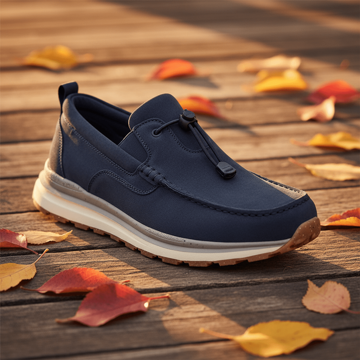 Men's navy suede tech loafers with chunky sole on wooden surface with leaves.