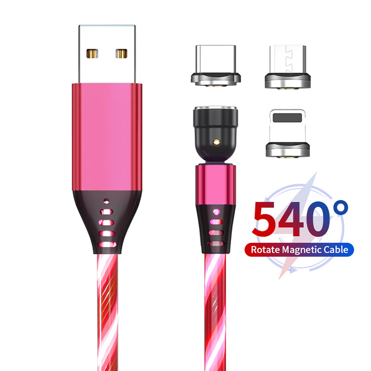 In stock luminous 3 in 1 braided 540 rotation magnetic for lighting flowing light usb cabo for iPhone 12 cable USB C data cable