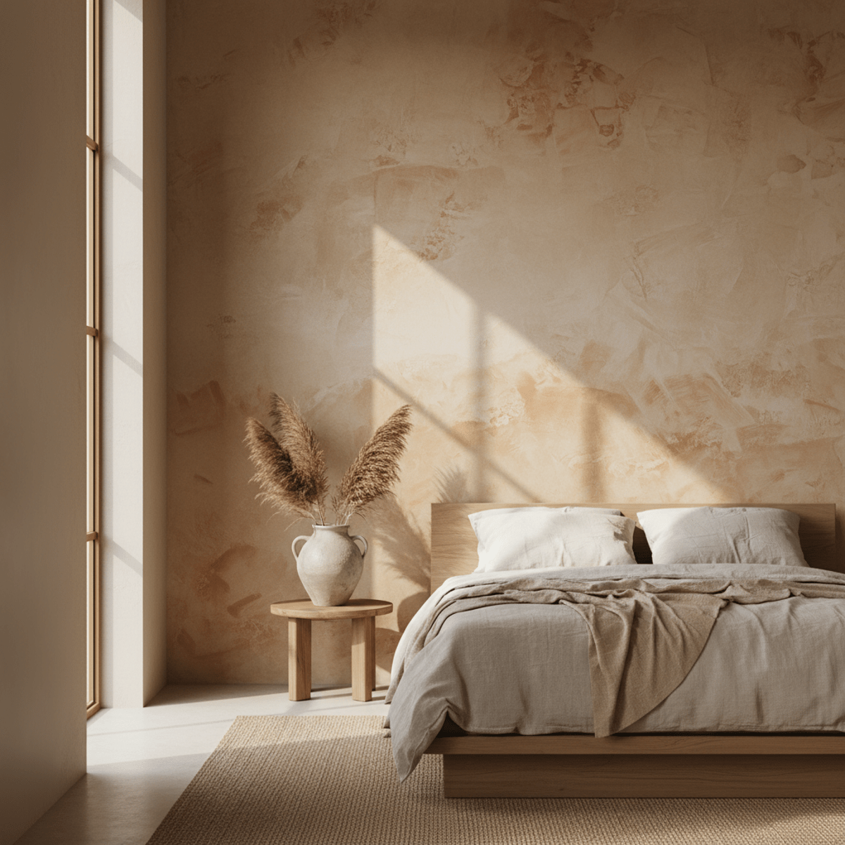 Bedroom accent wall with artisanal limewash finish, warm earthy tones, and soft morning light.