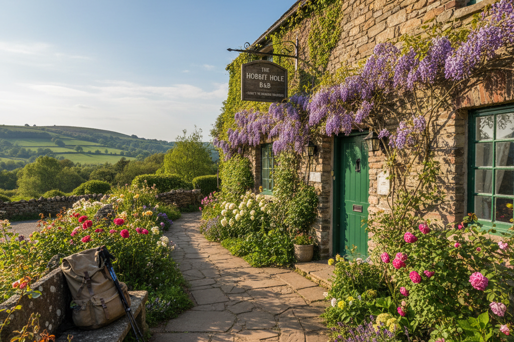 Rustic bed-and-breakfast surrounded by scenic hills and hiking gear, capturing rural tourism along England’s national trails