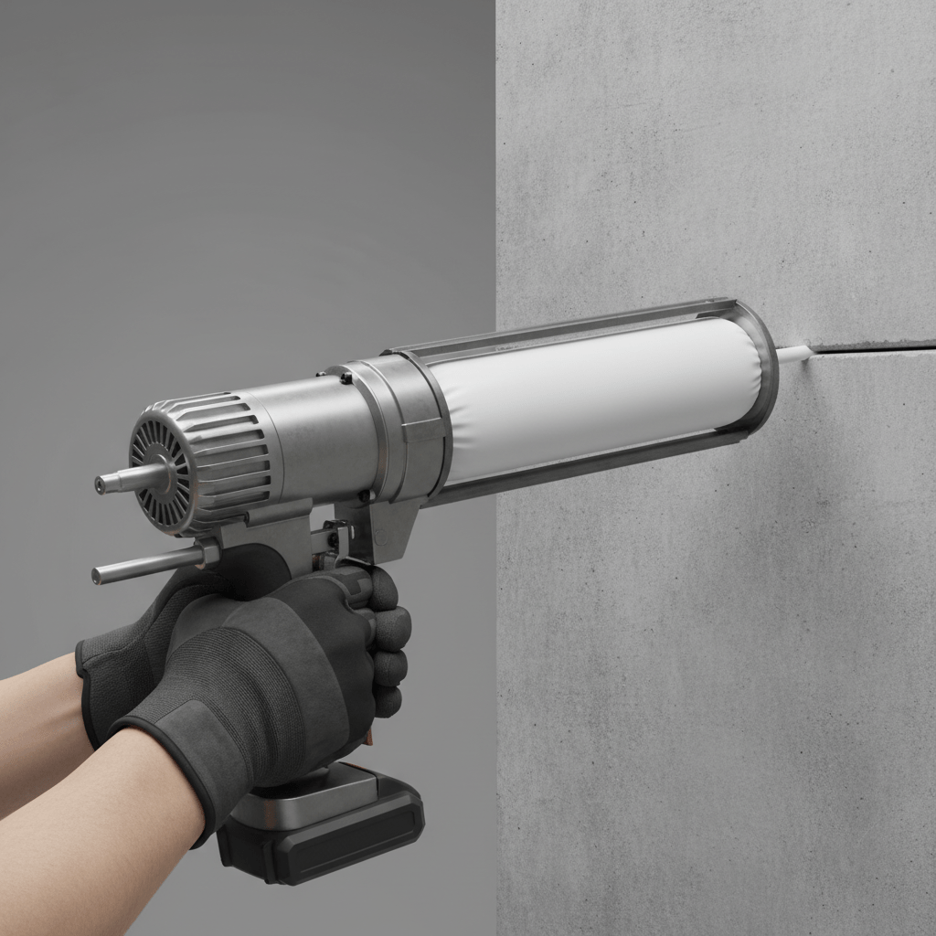 Gloved hands operate a cordless caulking gun laying silicone sealant on an industrial facade.