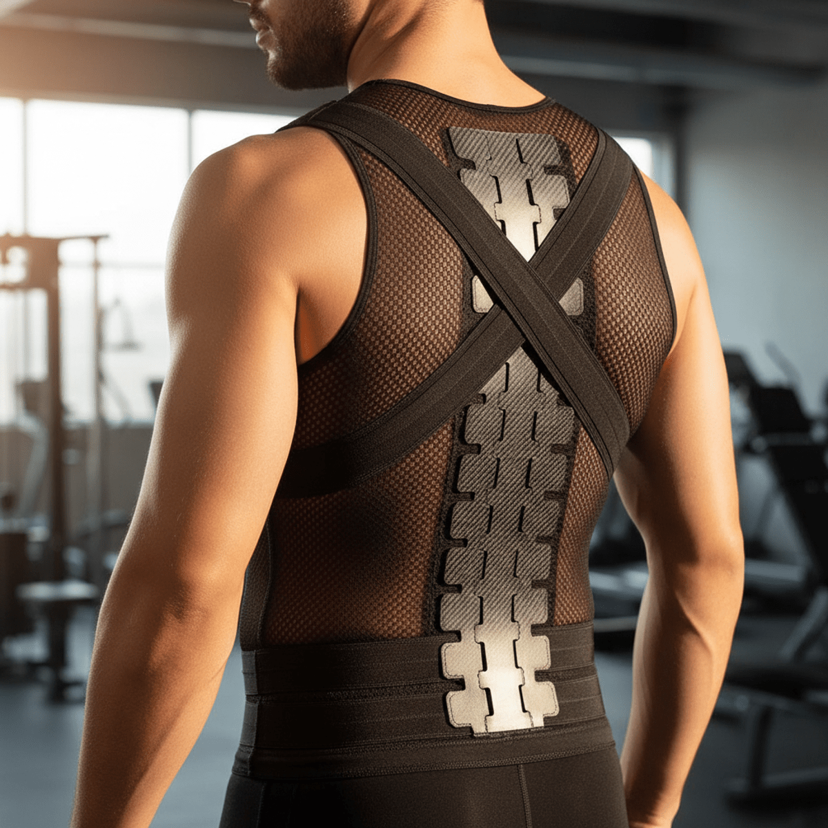 Men's body shaper with exo-frame, tension straps, and reinforced mesh.