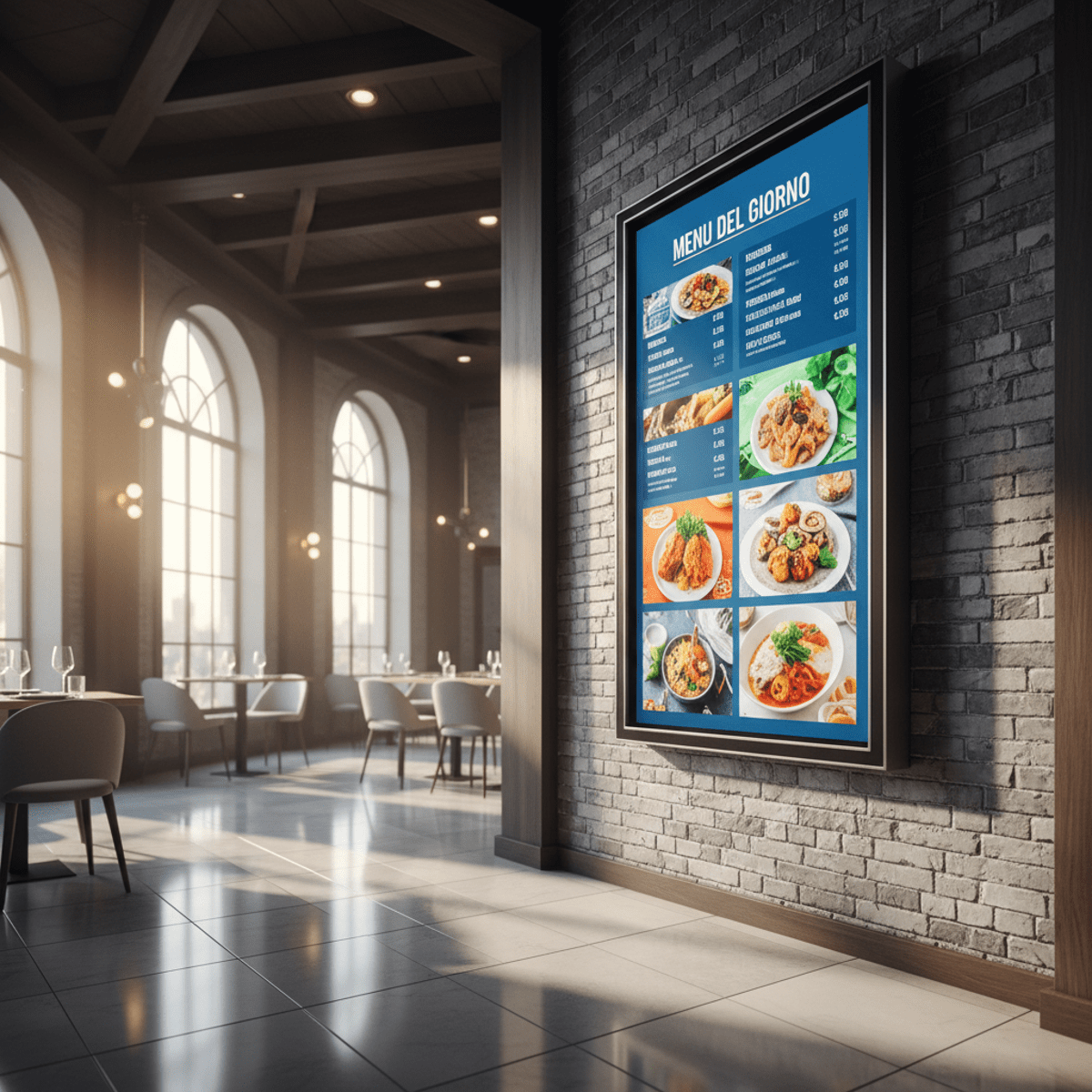 High-brightness digital menu display in a stylish restaurant with warm lighting.
