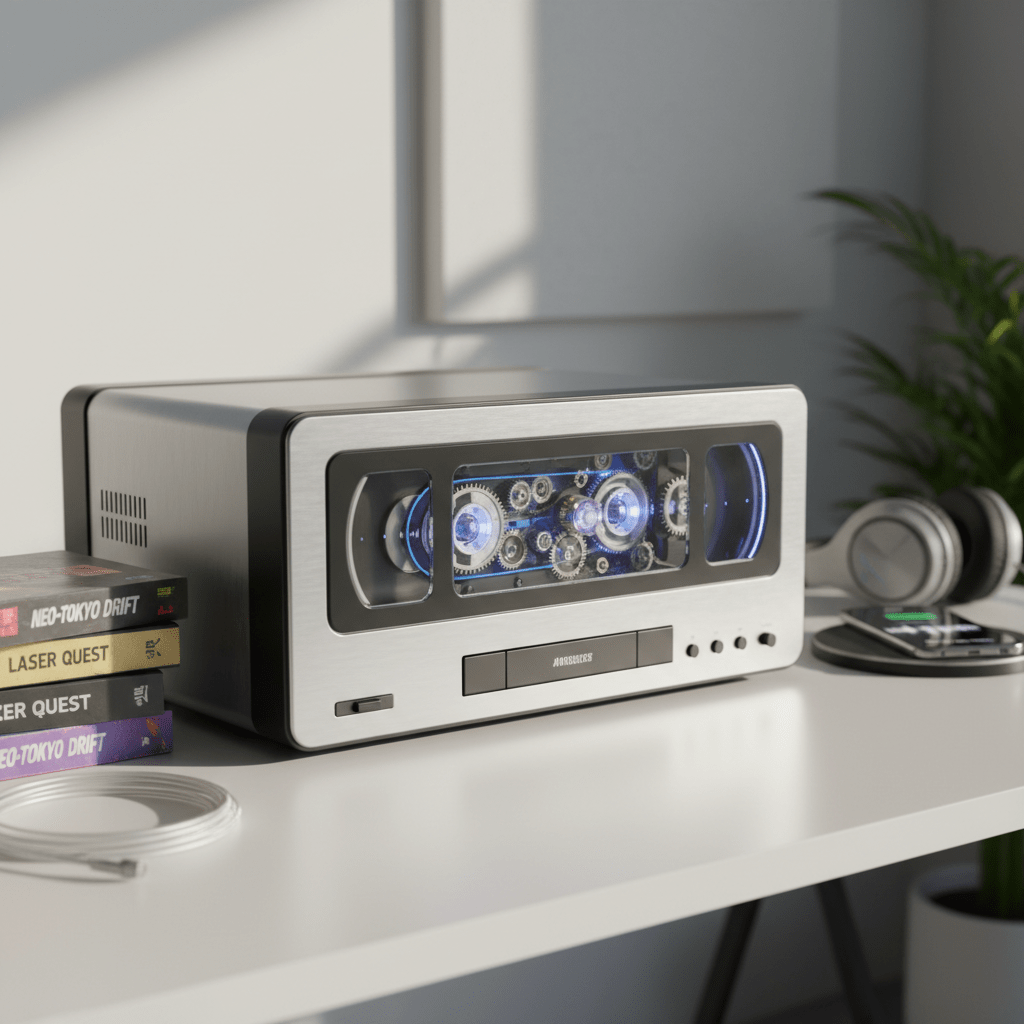 Sleek futuristic VCR player on a desk with retro tapes and modern accessories.