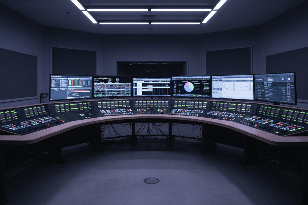 Wide shot of an illuminated broadcasting studio control room emphasizing data-driven scheduling tools under ambient lighting