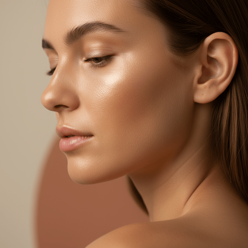 Close-up of dewy skin with a subtle sun-kissed glow and glass-like finish.