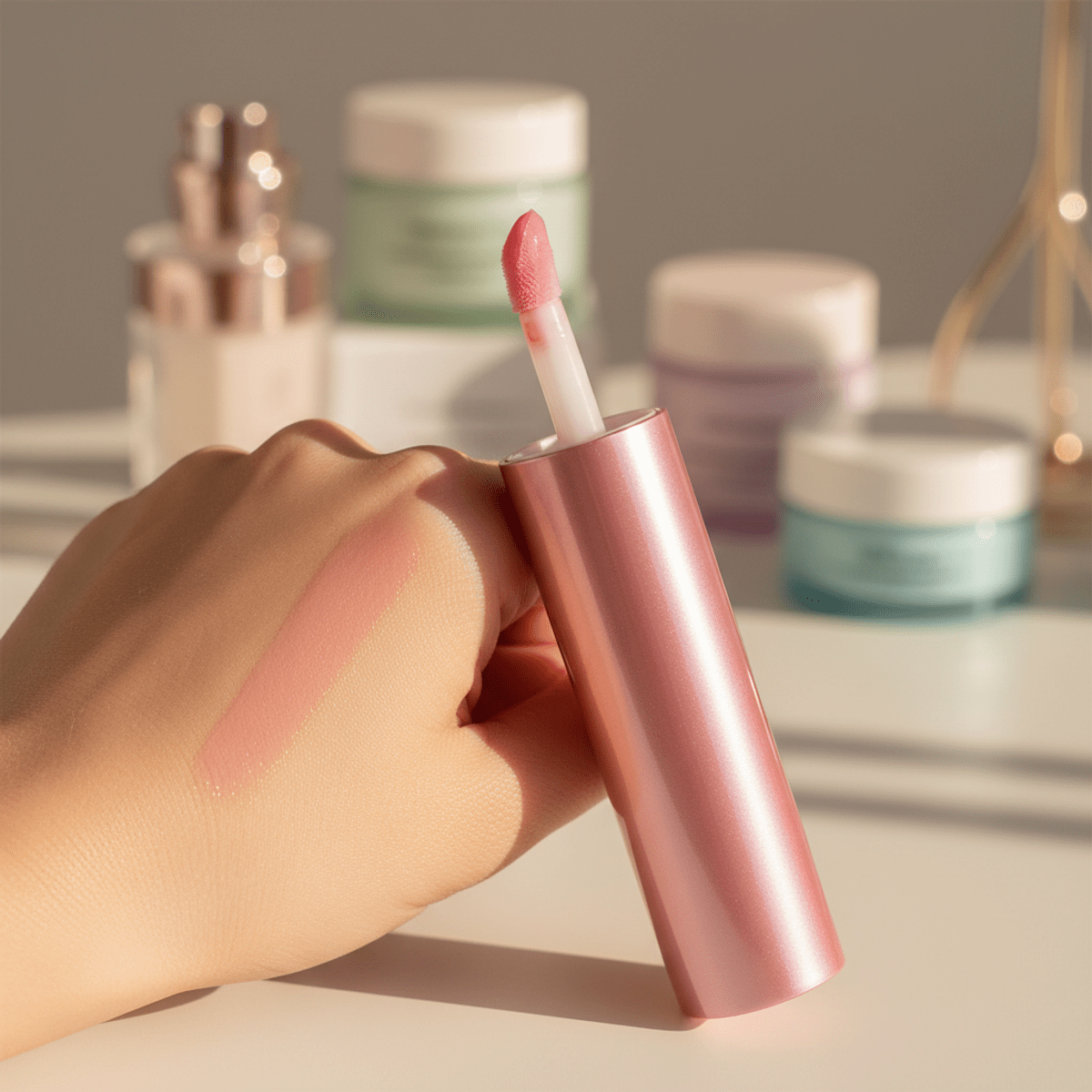 Luxurious pink lip balm swatch for a youthful glow Chubby squeeze tube lip balm swatch on hand with a translucent pink glow.