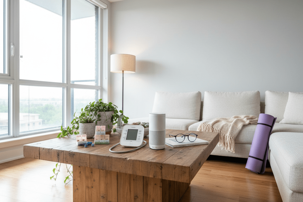 Wide shot of a minimalist senior living area featuring wellness devices, tech gadgets, and comfort-oriented items under natural light