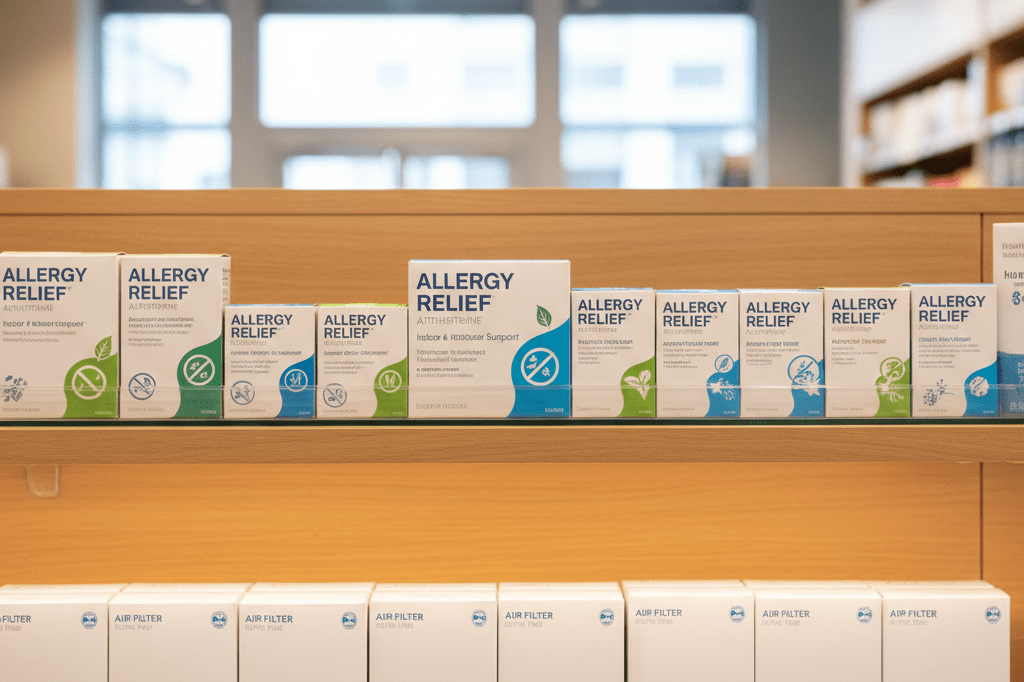 Neatly arranged allergy medications and HEPA filters on a pharmacy shelf under warm ambient lighting