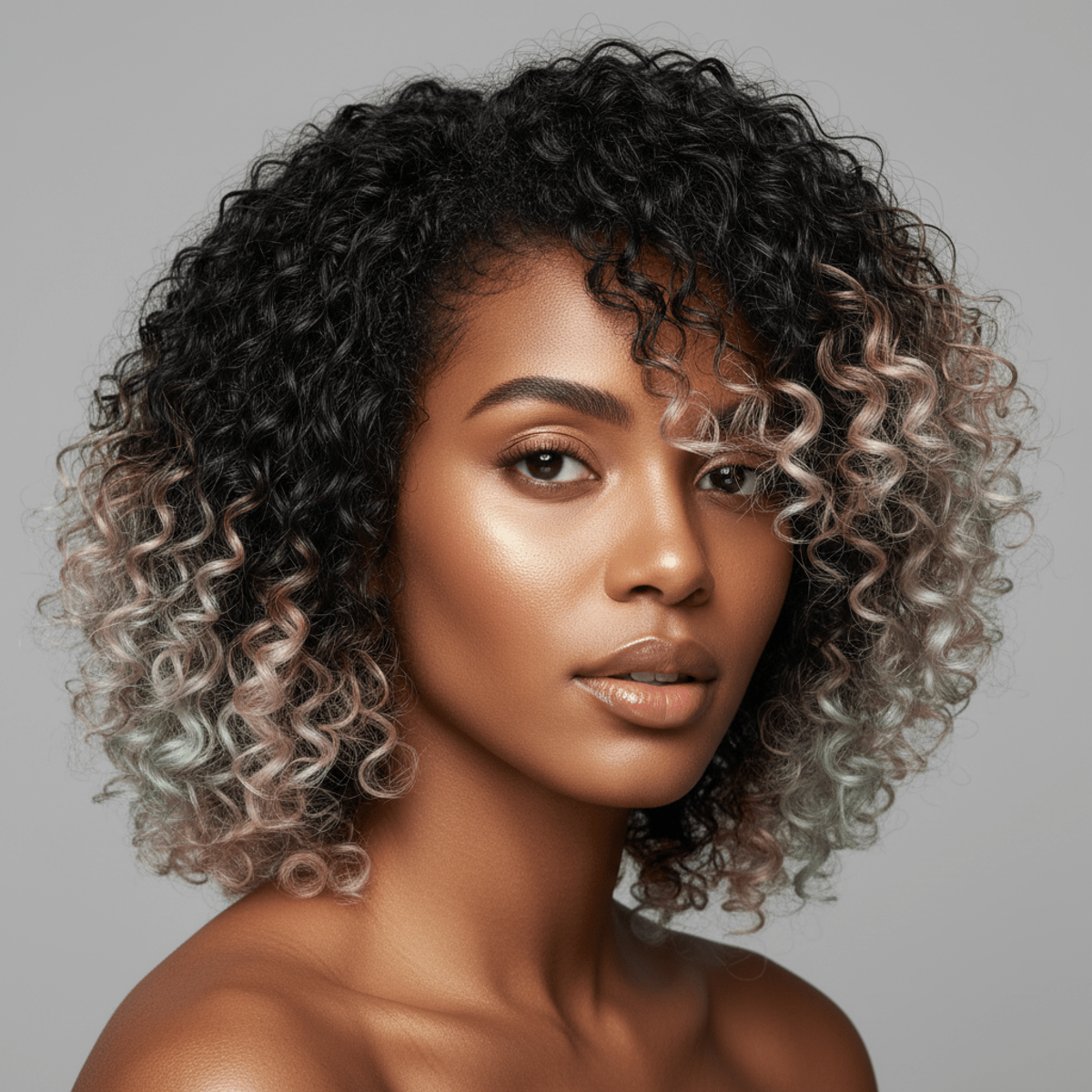 Model with glossy black jeri curls transitioning to pastel ombré ends in soft lilac, peach, and mint.