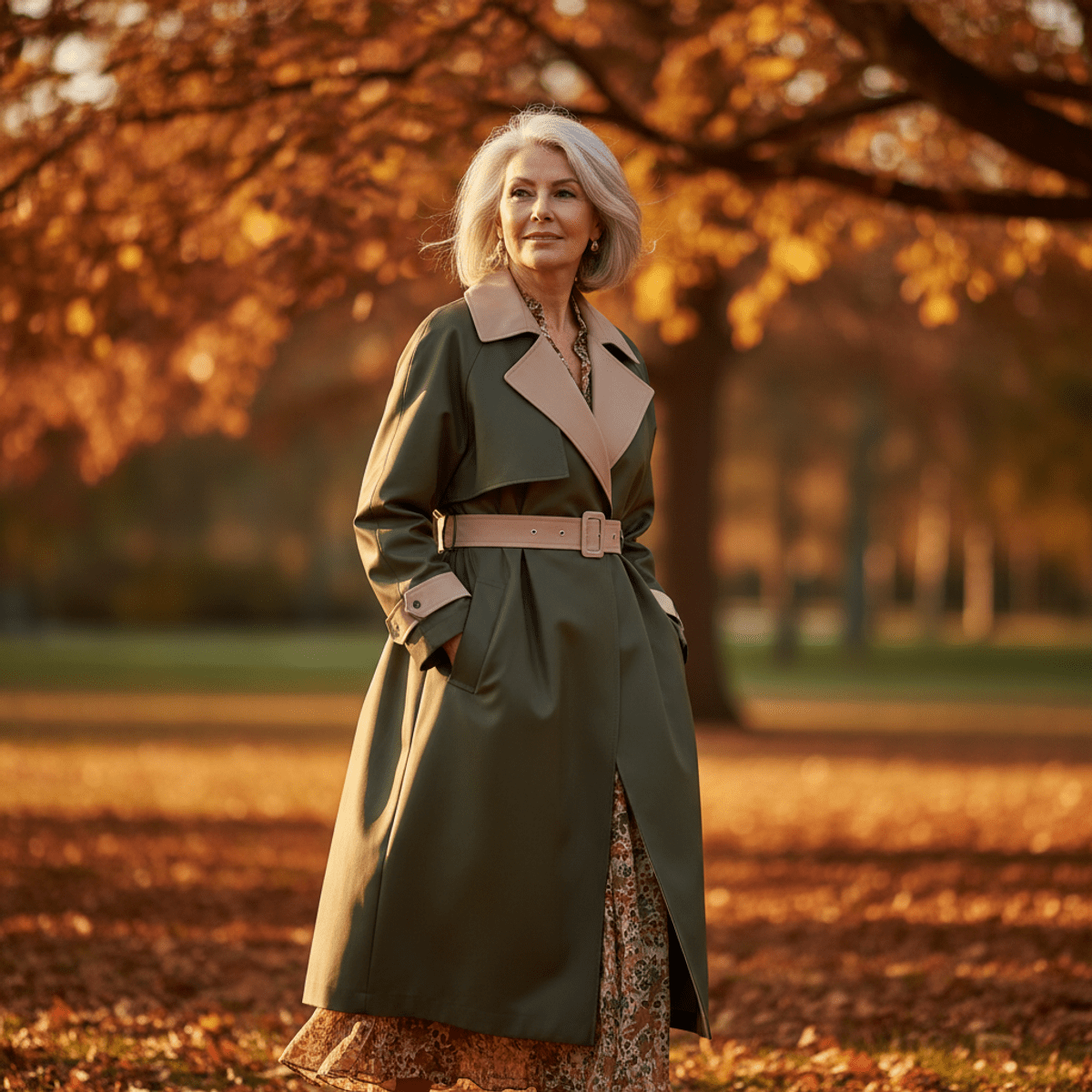 Confident older woman in contemporary olive green trench coat walks in a park.