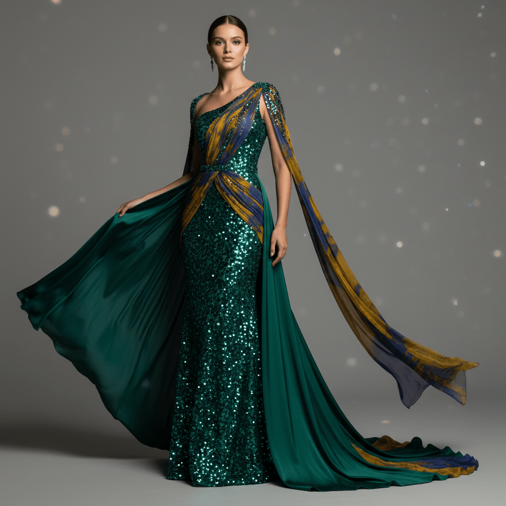 Floor-length prom dress made of recycled satin with sparkling reclaimed plastic sequins.