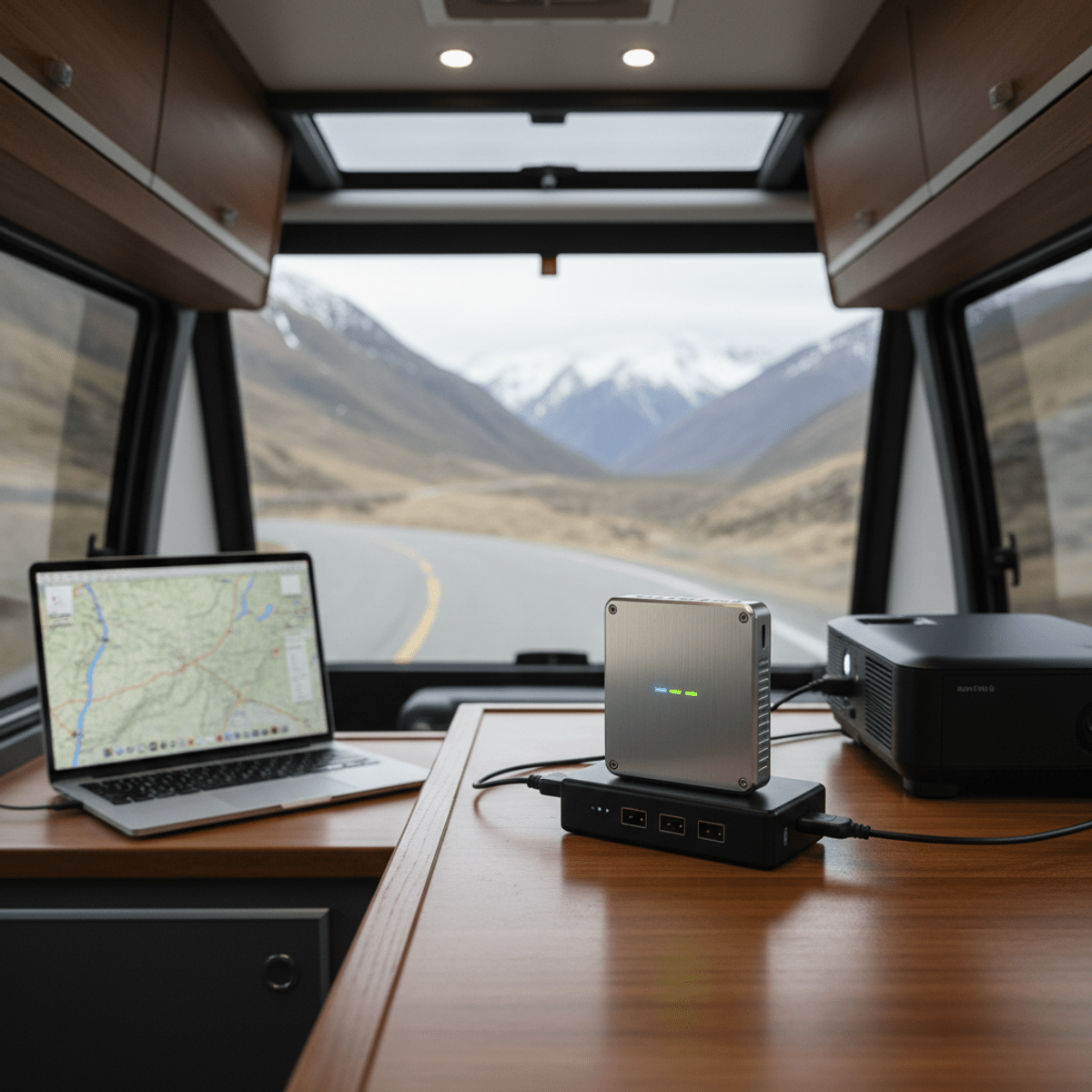 Sleek WiFi dongle powers modern campervan tech with mountain views.