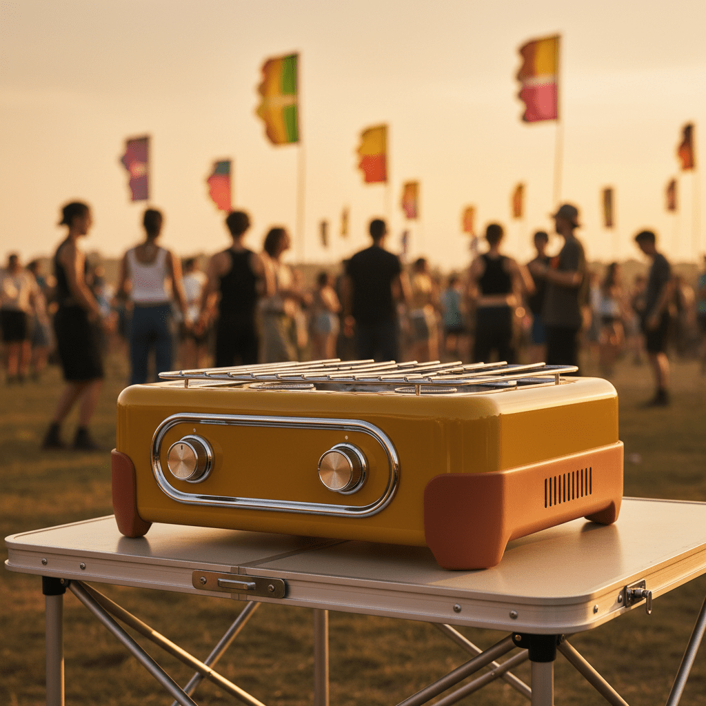 Retro mustard yellow gas range with terracotta accents at a sunny music festival.