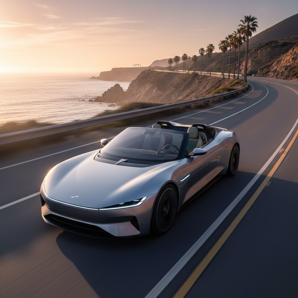 Futuristic electric roadster with open roof on coastal highway at sunrise.