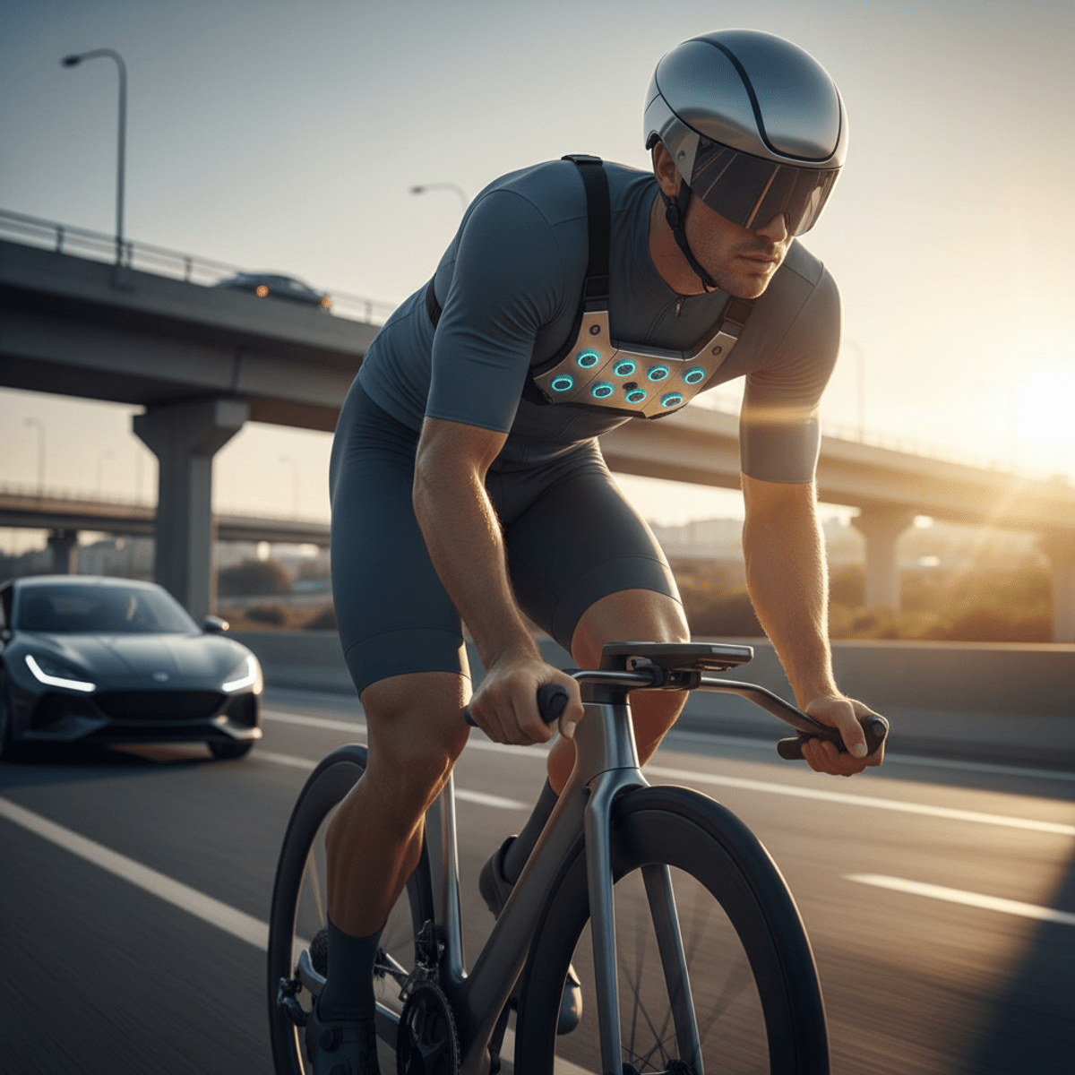 Cyclist in 2026 wearing a heart monitor chest strap with precision sensors.