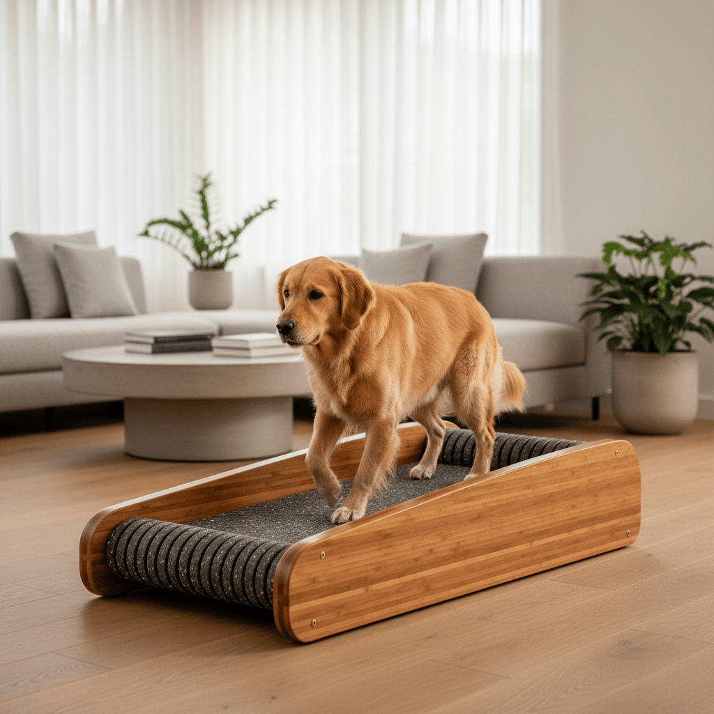 Eco-friendly dog treadmill with bamboo frame in a modern living room.