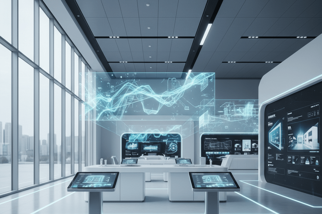 Wide-angle view of a high-tech exhibition hall with AR displays and touchscreen kiosks under natural and ambient light