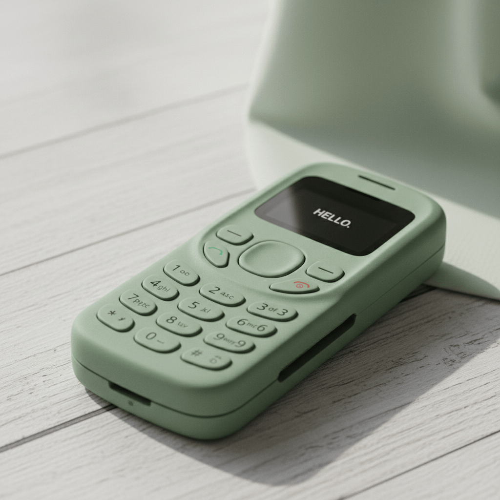 Compact sliding phone with T9 keypad, sage green matte finish, and organic curves.