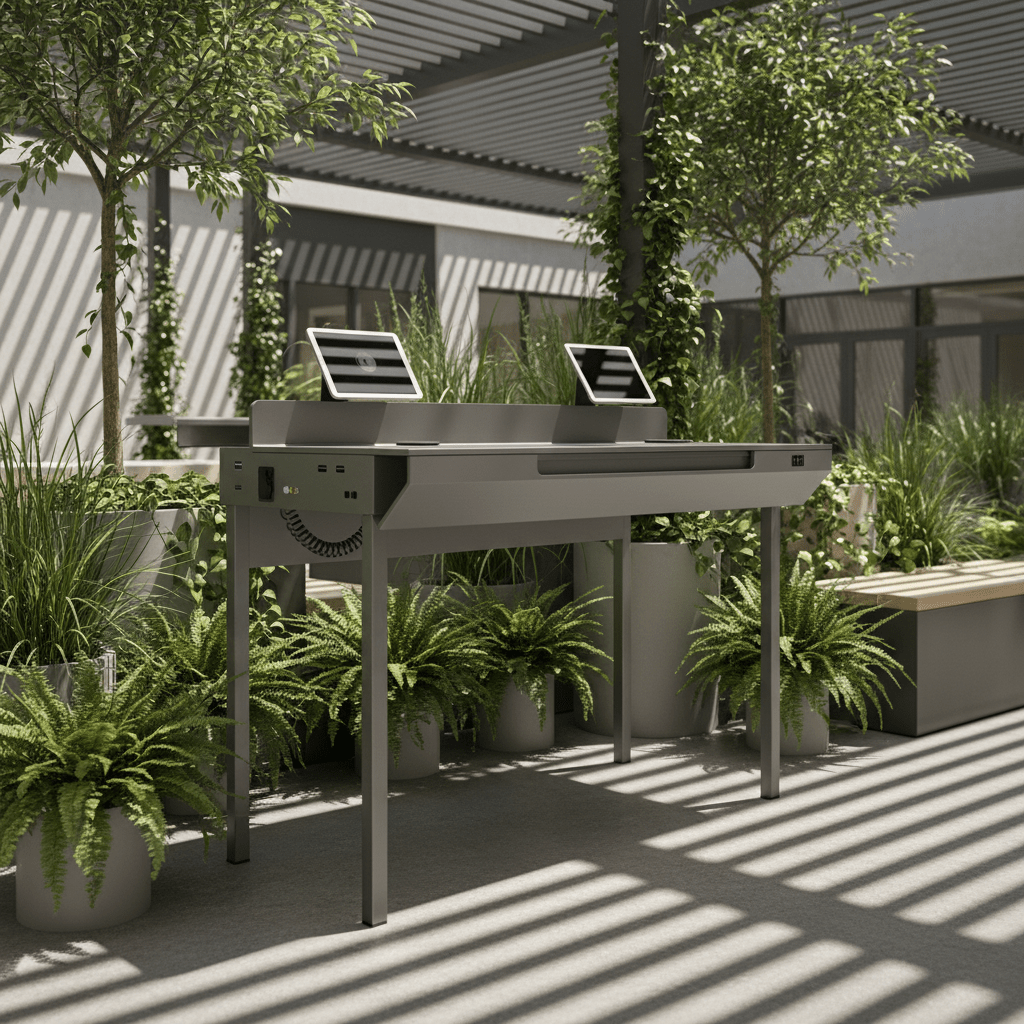 Sleek portable table in an outdoor coworking space with integrated charging.