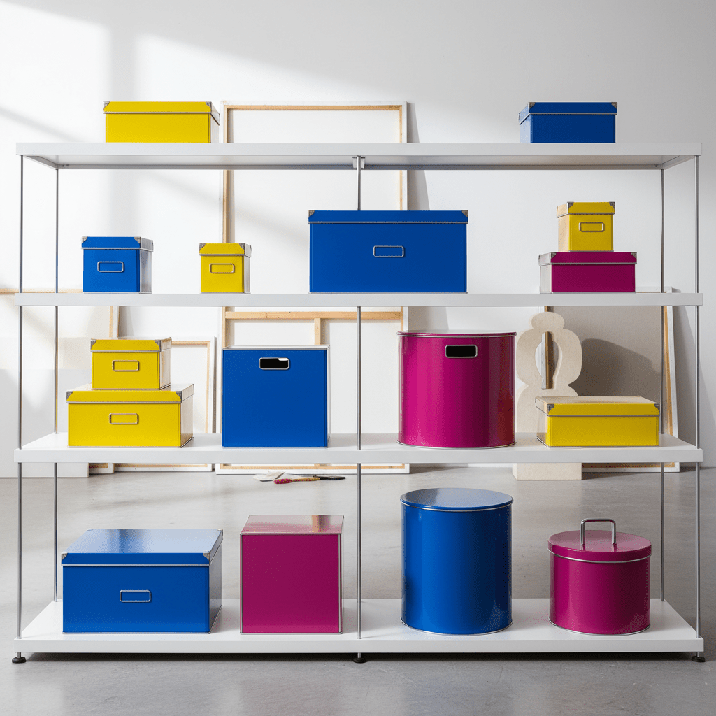 Vibrant dopamine decor storage boxes in electric blue, yellow, and magenta on white shelving.